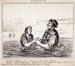Tegneserie om turister på ferie. Serie “” aux Bains de Mer””: “” Monsieur le bathneur... er det sant at det er haier i Dieppe?...” Gravering av Honore DAUMIER (1808-1879). Utdrag fra avisen "" Le Charivari"" 8. juni av Honoré Daumier