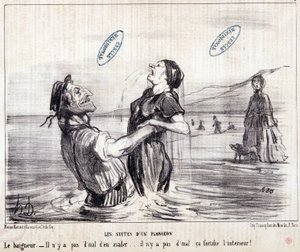 Tegneserie om turister på ferie. Serie "" Les Bains de Mer"": "" Vannskisse. Sekvensene til et dykk"". Gravering av Honore DAUMIER (1808-1879). Utdrag fra avisen “” Le Charivari”” i 1853. Mål: 24x28cm. Inv 2453 - boks 12 N¡1. Marseille, M av Honoré Daumier