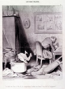 Tegneserie om kvinnelige forfattere. Serie "" Bas Bleus"": "" Moren er i komposisjonens ild, barnet er i badevannet! "" Gravering av Honore DAUMIER (1808-1879). Utdrag fra avisen "" Le Charivari"" 20. februar av Honoré Daumier