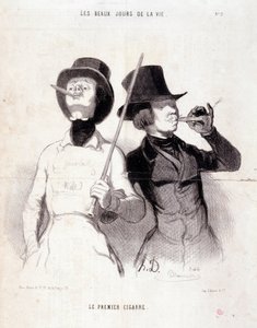 Tegneserie om unge Dandys. Serien "" The Beautiful Days of Life"": "" Den første sigaren"". Gravering av Honore DAUMIER (1808-1879). Utdrag fra avisen “” Le Charivari”” 31. desember 1843 Dim 37x25cm Inv 1089 - eske 8 N¡2. Marseille, Musee des Beaux av Honoré Daumier
