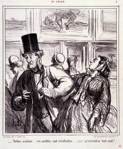 Tegneserie om kunstelskere: Serie "" Au salon"": La oss forlate frue... disse nakene er revoltanter... Jeg kommer tilbake helt alene"" Gravering av Honore DAUMIER (1808-1879). Utdrag fra avisen "" Le Charivari"" 5. mai av Honoré Daumier