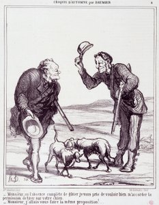 Tegneserie om jegerne: Serie “” Autumn Sketch””: “” Sir, gitt det fullstendige fraværet av vilt, vennligst gi meg tillatelse til å skyte hunden din...”” Gravering av Honore DAUMIER (1808-1879). Utdrag fra avisen "" Le Charivari"" 28. september av Honoré Daumier