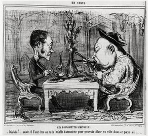 Kinesiske gafler: "" Djevelen! men du må være en veldig dyktig batonist for å kunne spise på byen her i landet. "", i serien En Chine, illustrasjon av Honore Daumier (1808-1879), publisert i "" Charivari"" av Honoré Daumier