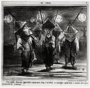 Kinesisk patrulje, krigere som hadde tatt for mye til punkt og prikke instruksjonene de hadde fått om å lette fiendens marsj. I serien En Chine, illustrasjon av Honore Daumier (1808-1879), publisert i "" Charivari"", datert 25. januar av Honoré Daumier