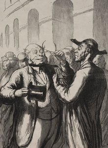 Universell utstilling: Inspeksjon av fotografier ved turnstiles. De skallede må ta av seg hatten og de nærsynte brillene. av Honoré Daumier