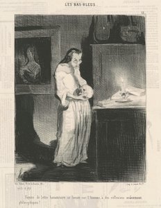 Kvinne med humanitære brev som hengir seg til mannen ... av Honoré Daumier