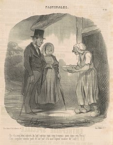 Kvinne med humanitære brev som hengir seg til mannen ... av Honoré Daumier