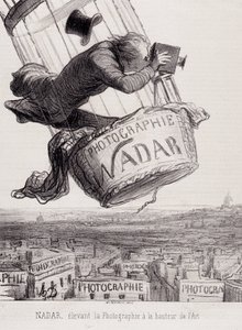 Gaspard Felix Tournachon dit Felix Nadar (1820-1910) løfter fotografiet til kunstens høyde. Litografi basert på tegning på papir. Mål: 29x41cm. av Honoré Daumier