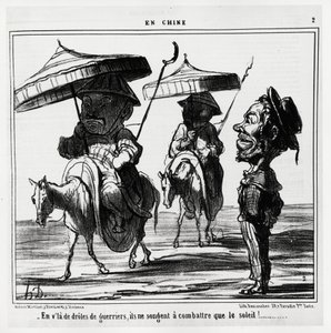 I disse morsomme krigerne tenker de bare på å kjempe mot solen. I serien En Chine, illustrasjon av Honore Daumier (1808-1879), publisert i "" Charivari"", datert 8. januar av Honoré Daumier
