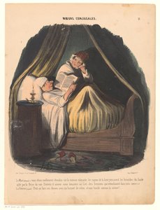 Mann leser i sengen med kona ved siden av seg Ekteskapsvaner (serietittel) Moeurs conjugales (serietittel på objekt) av Honoré Daumier