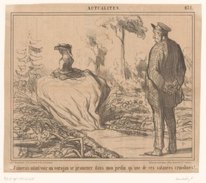 Mannen ser kvinne med krinolin gå gjennom hagen sin J'aimerais autant voir un ouragan se promener dans mon jardin (...) (tittel på objekt) Actualiteiten (serietittel) Actualités (serietittel på objekt) av Honoré Daumier