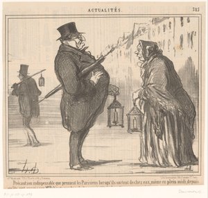 Monsieur Prudhomme en en gammel kvinne setter lantaarn i en paraply Viktige forholdsregler som parisere tar når de forlater hjemmene sine (...) (tittel på objekt) Actualiteiten (serietittel) Nyheter (serietittel på objekt) av Honoré Daumier