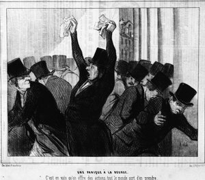 Panikk på aksjemarkedet. Det var forgjeves at aksjer ble tilbudt, alle tok fra dem: fra "" Actualites", en serie tegneserier på Honore Daumier-børsen (1808-1879). Charivari av Honoré Daumier
