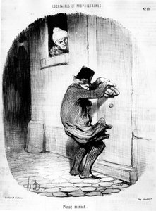 Passerte midnatt. mann som returnerer sent til leietakeren, fra "" Tenants et Owners", tegneserieserie av Honore Daumier (1808-1879). “Charivari” av Honoré Daumier