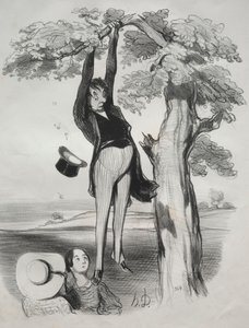 Pastorales, plate 2: Farene ved å riste et plommetre for kraftig..., 1845. av Honoré Daumier