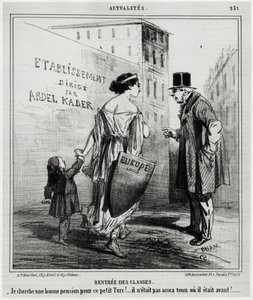 Leieklasser: Jeg leter etter en god pensjon for denne lille tyrkiske gutten!... Han var ikke sprek nok, eller han var det før. Noen dager etter at de franske og engelske troppene gikk inn i Tyrkia (18. oktober 1860). Illustrasjon av Honore Daumier (1808-18 av Honoré Daumier