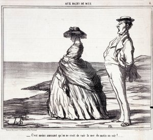 Serie “” Les Bains de Mer””: “” Det er mindre morsomt enn du tror å se havet fra morgen til kveld! "" Tegneserie om turister på ferie. Gravering av Honore DAUMIER (1808-1879). Utdrag fra avisen "" Le Charivari"" 9. september av Honoré Daumier