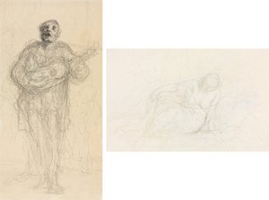 Syngende gitarist (rekto); Tilbakelent kvinne lener seg på armen (verso) av Honoré Daumier