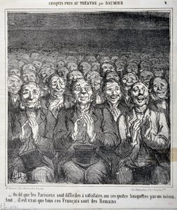 Skisse tatt på teatret: "" Det sies at pariserne er vanskelige å tilfredsstille på disse fire benkene, ikke et mecontent det er sant at alle disse franskmennene er romere""" Gravering av Honore Daumier (1808-1879) i "" Le Charivari "". Palais Longchamp, Mu av Honoré Daumier