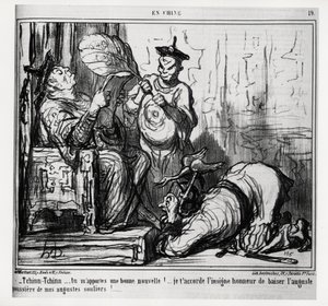 Tchinn Tchinn... Du bringer meg gode nyheter! Jeg gir deg den store ære å kysse det høye støvet av mine høye sko. I serien En Chine, illustrasjon av Honore Daumier (1808-1879), publisert i "" Charivari", datert 7. desember av Honoré Daumier