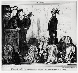 Den amerikanske utsendingen får audiens fra keiseren av Kina. I serien En Chine, illustrasjon av Honore Daumier (1808-1879), publisert i "" Charivari"", datert 21. oktober av Honoré Daumier