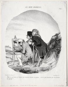 The Good Bourgeois, Plate 23: "Men ja, min kjære, jeg forsikrer deg om at denne herren tegner et landskap...er det ikke slik, sir, at du tegner et landskap?" (Les bons bourgeios, planche 23: Mais si, ma femme...monsieur dessine un paysage..) av Honoré Daumier
