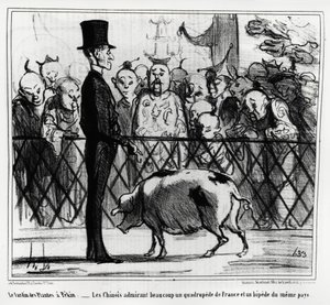 Plantehagen i Pekin: kineserne beundrer en firbein av Frankrike og et pip fra samme land. Illustrasjon av Honore Daumier (1808-1879), publisert i "Charivari", China Actualites av Honoré Daumier