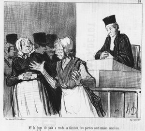 Fredsdommeren har avsagt sin avgjørelse, partene er ment å bli forsonet..., tegneserie av Honore Daumier (1808-1879). "Charivari". av Honoré Daumier