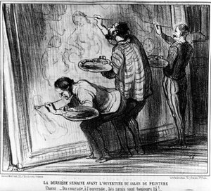 Den siste uken før åpningen av Salon de Peinture. Flinkhet -Fra mot til jobb, venner er alltid der!... , hentet fra "" Paintings and Salons", tegneserieserie av Honore Daumier (1808-1879). “Charivari” av Honoré Daumier