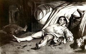 Massakren i Rue Transnonain 14.04.1834: militæret massakrerer innbyggerne i bygningen 12 Rue Transnonain i Paris fengslet den etter døden til en av deres offiserer - Litografi av Honore Daumier (1808-1879) 1837. Privat samling av Honoré Daumier