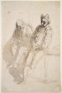 To Saltimbanques, ca. 1865-73 (svart-grå blekk, grå vask på papir) av Honoré Daumier