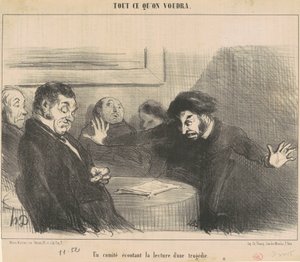 En komité som lytter til lesningen av en tragedie av Honoré Daumier