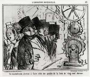 Universell utstilling: en dreieskive designet for å steke kyllinger med styrken til tjueni hester. Illustrasjon av Honore Daumier (1808-1879), publisert i nyhetene, "" Charivari", datert 20. juli 1855. av Honoré Daumier