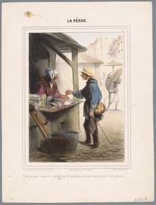 Visser koopt vis in de markthal Det er nesten alltid på markedet (...) (tittel på objekt) Vissers (serietittel) Fiske (serietittel på objekt) av Honoré Daumier
