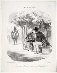 Hva vil du, plate 51: Jeg lurer ikke på at kvinner alltid er glad i militæruniformen? av Honoré Daumier