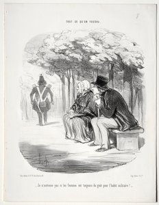 Hva du vil, plate 51: Jeg lurer ikke på at kvinner alltid er glad i militæruniformen, 1848. av Honoré Daumier
