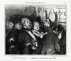Verdensutstilling: førsteinntrykk: forvirring, kompresjon og kvelning. Illustrasjon av Honore Daumier (1808-1879), publisert i nyhetene, "" Charivari", datert 24. mai 1855. av Honoré Daumier