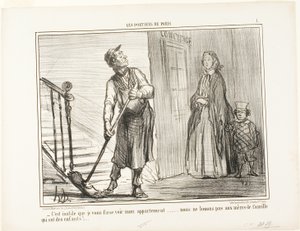 «– Det er nytteløst å vise deg leiligheten min. Vi leier ikke ut til mødre med barn», plate 1 fra Les Portiers De Paris av Honoré Victorin Daumier