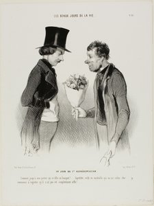Åpningskvelden! «Hva! Til og med portneren min tilbyr meg blomster! ... Gud velsigne min sjel, denne komedien vil koste meg en formue ... Jeg begynner å angre på at den ikke har blitt hvest helt av scenen», plate tolv fra Les beaux jours de la vie av Honoré Victorin Daumier