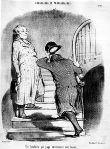 En leietaker som betaler nøyaktig sin termin, hentet fra "" Tenants et Owners"", tegneserieserie av Honore Daumier (1808-1879). “Charivari” av Honoré Daumier