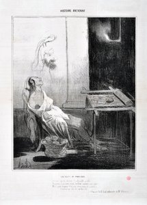 Kunstverk av Honore Daumier (1808-1879) Charivari stammer fra 1842: Serie HISTORIE ANCIE Les Nuits de Penelope “” Fra hennes fraværende søte profil, skinnet Forever med hennes søte øyne som en stjerne Hensikt å veve tre år og hennes list og hans nett Han av Honoré Daumier