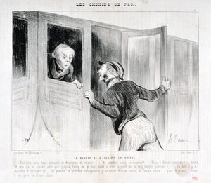 Kunstverk av Honore Daumier (1808-1879). Charivari stammer fra 1843: Serie LES RAILWAYS Faren for å sovne på en reise “” -Våkn opp Sir og gå av bilen! – Hvor kjører vi? - Men Rouen parbleu! – I Rouen og jeg som bare ville til Poiss av Honoré Daumier