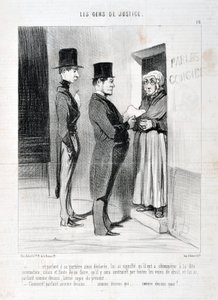 Kunstverk av Honore Daumier (1808-1879). Charivari stammer fra 1845: Serie LES PEANS DE JUSTICE “” -... og taler ved døråpningen slik erklært, har betydd for ham at han måtte adlyde nevnte summering, ellers og unnlate å gjøre det slik at han vil bli tvunge av Honoré Daumier