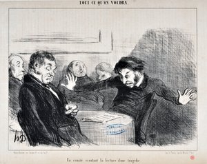 Kunstverk av Honore Daumier (1808-1879). Charivari er fra 1852: Serie ALL CE QU'ON VILUA "" -En komité som lytter til lesningen av en tragedie"" MUSEE DES BEAUX ARTS - PALAIS LONGCHAMP, MARSEILLE av Honoré Daumier
