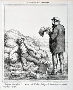 Kunstverk av Honore Daumier (1808-1879). Charivari stammer fra 1865: Serie LES ARTISTS IN THE CAMPAGNE "" - La oss se, er det over?... Det er fortsatt slitsomt å hvile så lenge det..." KUNSTMUSEUM - PALACE LONGCHAMP, MARSEILLE av Honoré Daumier