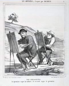 Kunstverk av Honore Daumier (1808-1879). Charivari er fra 1865: Serie LES ARTISTS Les paysagistes. "Den første kopierer naturen, den andre kopierer den første"" MUSEUM FOR BEAUTY ARTS - PALAIS LONGCHAMP, MARSEILLE av Honoré Daumier