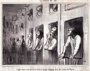 Tegneserie om vitenskap. Serie Sur “” la Comete de 1857””: “” Aspekt som allerede begynner å ha hver natt i Paris gater””. Gravering av Honore DAUMIER (1808-1879). Utdrag fra avisen "" Le Charivari"". Mål 38x25cm. Inv D - boks 7 Marseille, av Honoré Daumier