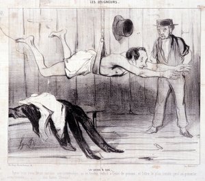 Tegneserie om turister på ferie. Serien "" Les Baigneurs"": "" La lecon a dry""". Serien "" Les Baigneurs"": "" La lecon a dry""". Gravering av Honore DAUMIER (1808-1879). Utdrag fra avisen "" Le Charivari"". Dim 25x36cm boks 12 Marseille, Musee av Honoré Daumier