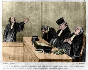 Tegneserie av Daumier: Serie "" Les Gens de justice"" publisert i "" Charivari"" av 15.08.1845. En advokat ber sovende i retten.