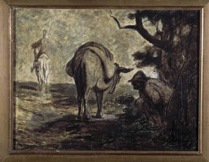 Don Quijote og Sancho Panza. Illustrasjon fra romanen av Miguel Cervantes Don Quixote de la Mancha (Den geniale Hidalgo Don Quixote de la Mancha). Maleri av Honore Daumier (1808-1879). Olje på lerret. Sol. 24x31 Musee des Beaux Arts, Palais Longchamp av Honoré Daumier